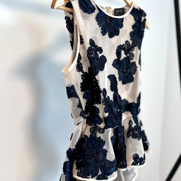 Gracia Floral Lace Mesh Peplum Top, Small, Navy & Cream - Picture 6 of 11